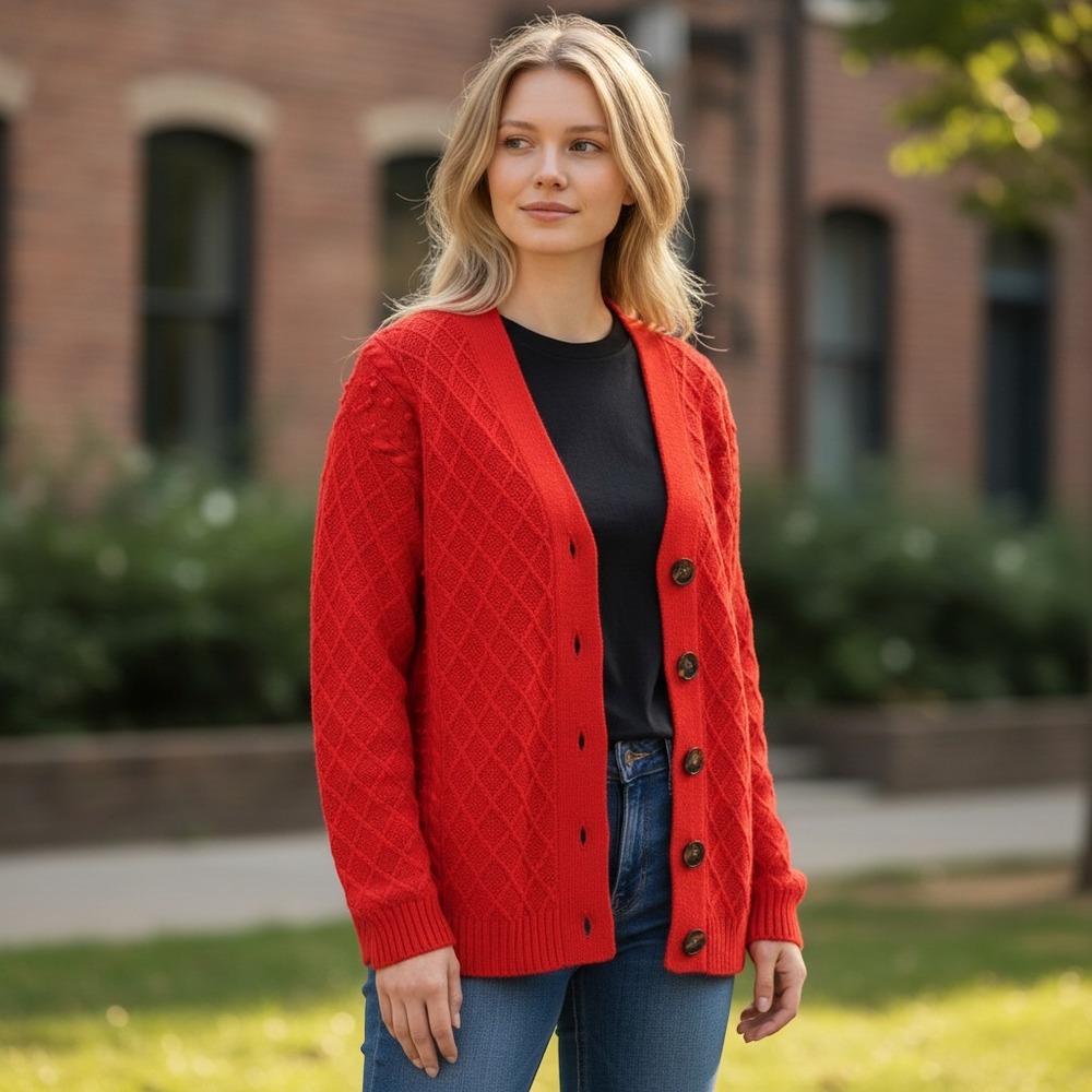 Ann Taylor Red Textured Wool Knit Button Front Cardigan Sweater Women's Sz Small